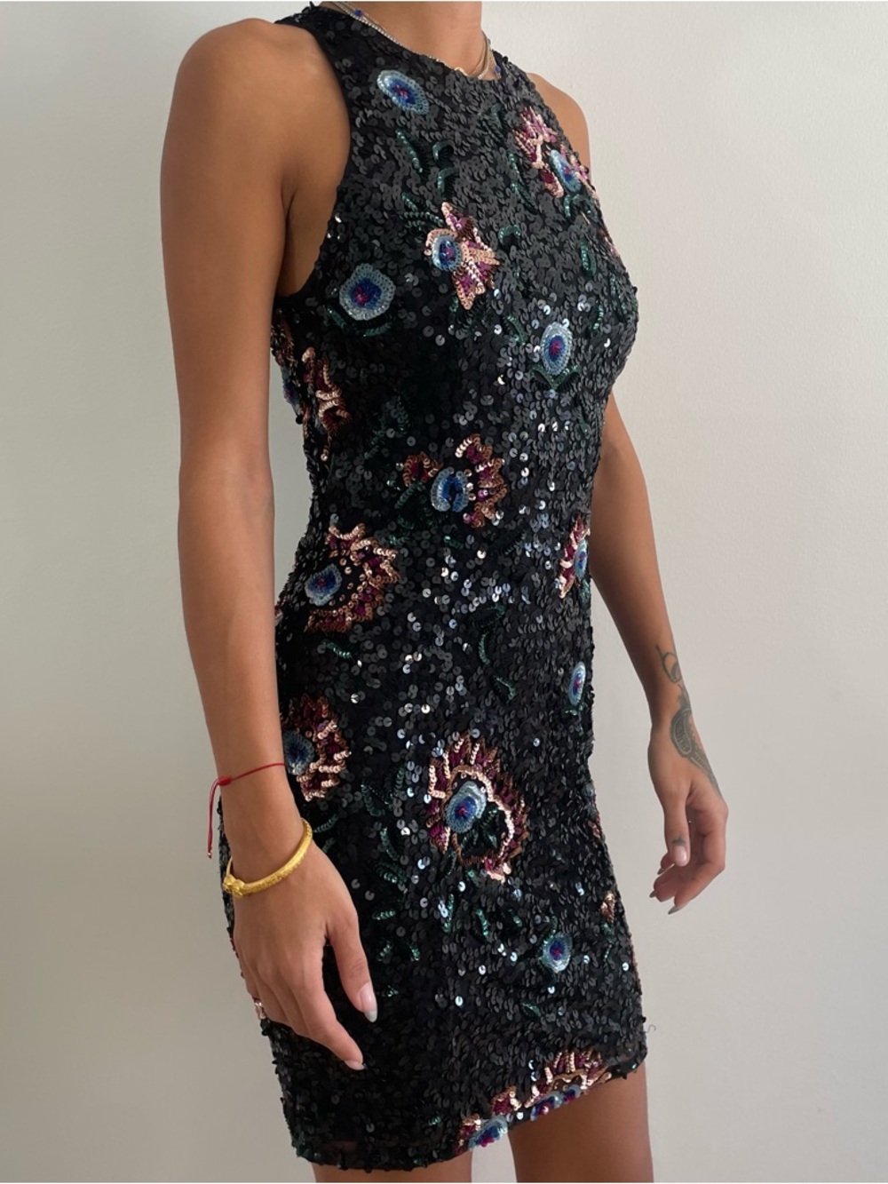 French Connection Black Sequin Midi Dress with Multicolor Floral Embroidery